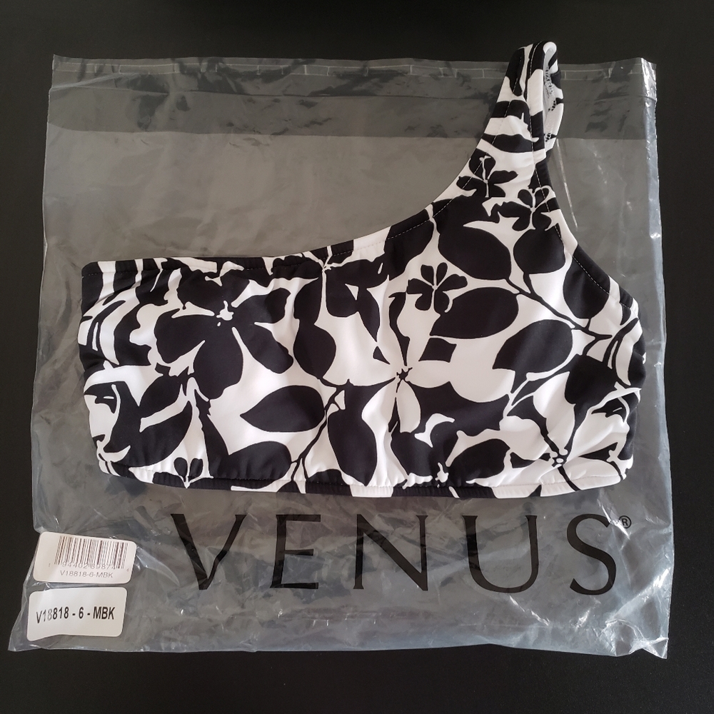 VENUS one shoulder bralette bikini top Black and white floral print swimsuit top